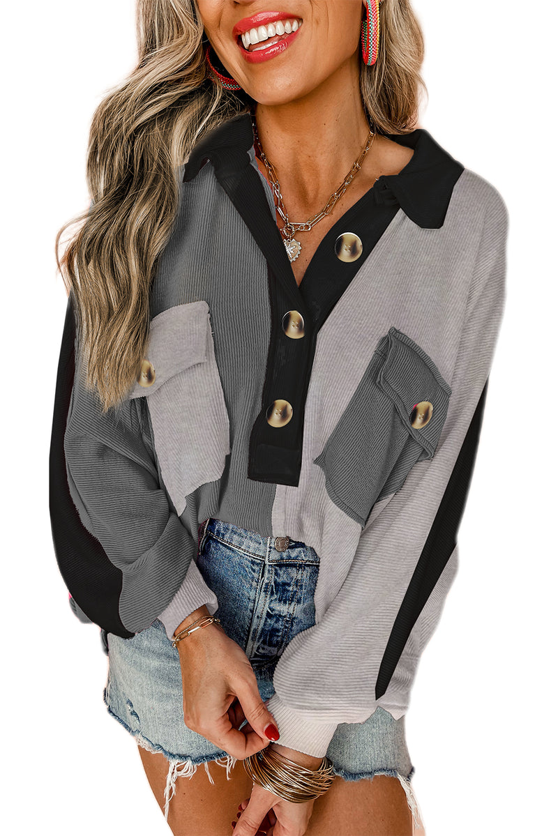 Gray Colorblock Patchwork Ribbed Oversized Henley Sweatshirt