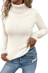 Beige Turtleneck Fleece Lined Knit Sweater