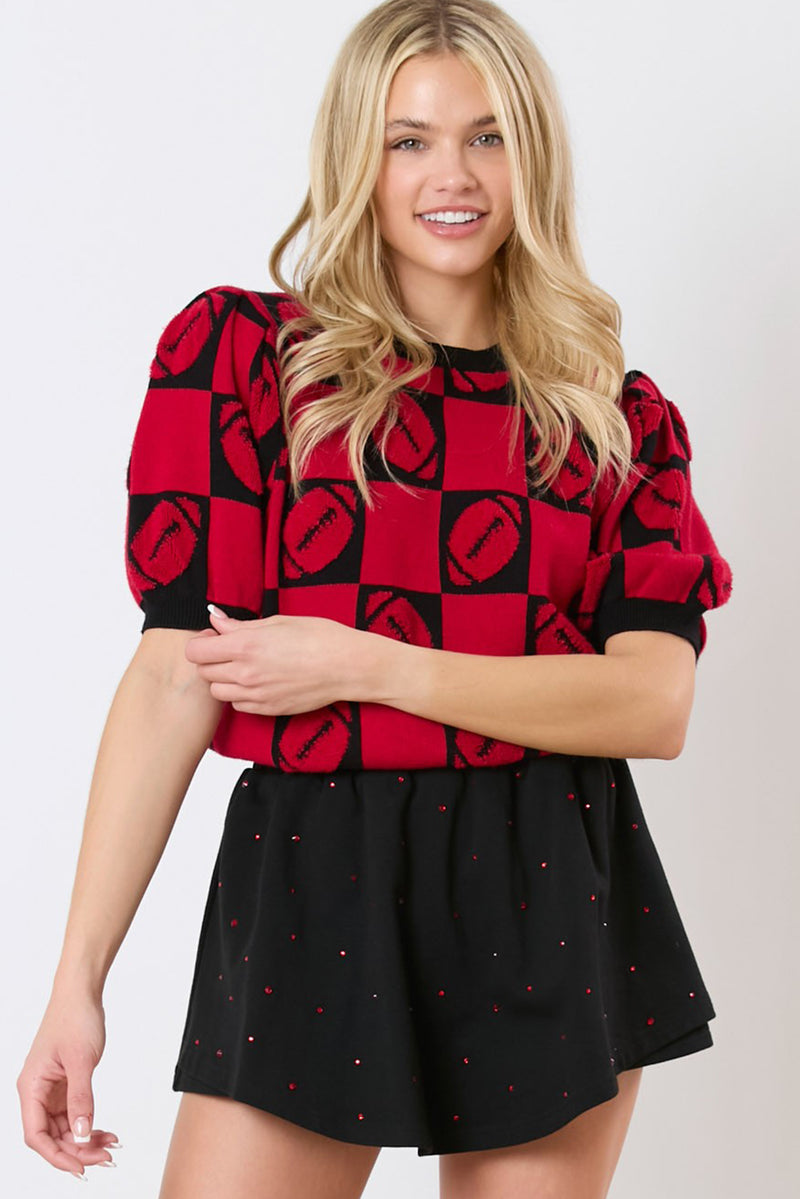 Red Rugby Checkered Color Block Puff Sleeve Knit Top