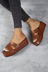 Chestnut Casual Faux Leather Wedge Slides Shoes