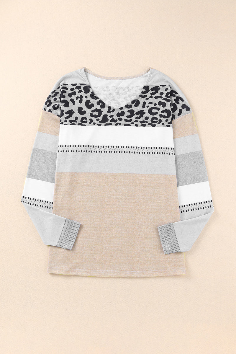 Leopard Print Color Block Pullover Long Sleeve Top