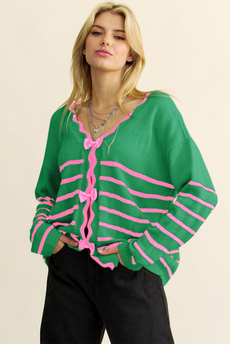 Green Stripe Sweet Bow Front Long Sleeve Cardigan