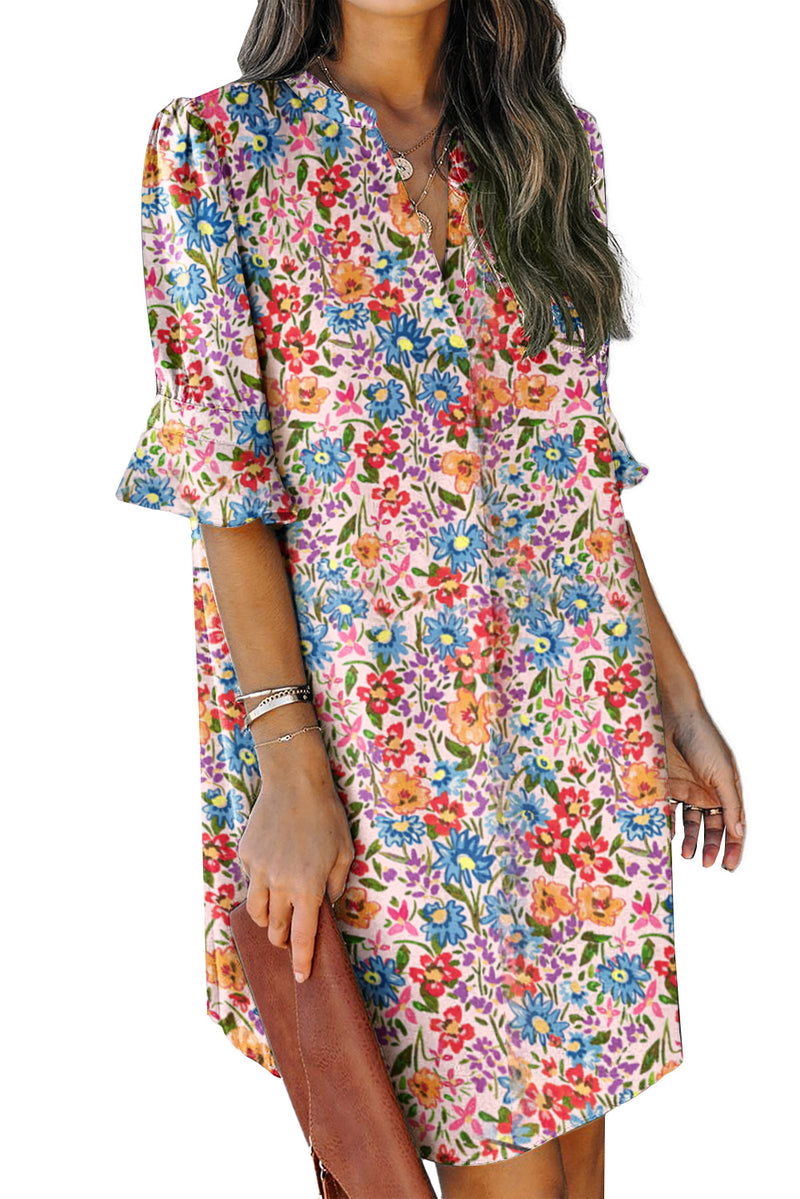 Multicolor Floral Print Split V Neck Half Sleeve Casual Tunic Dress