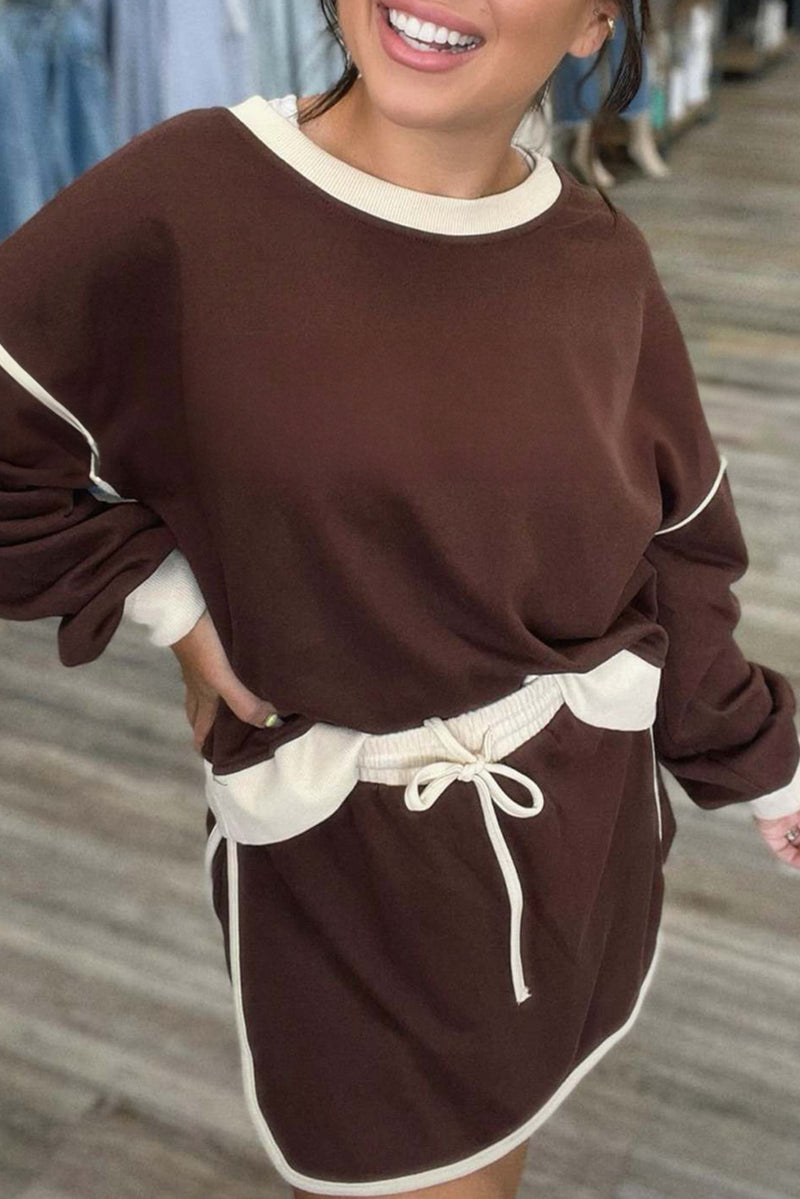 Coffee Contrast Trim Loose Sweatshirt and Drawstring Half Skirt Shorts sets