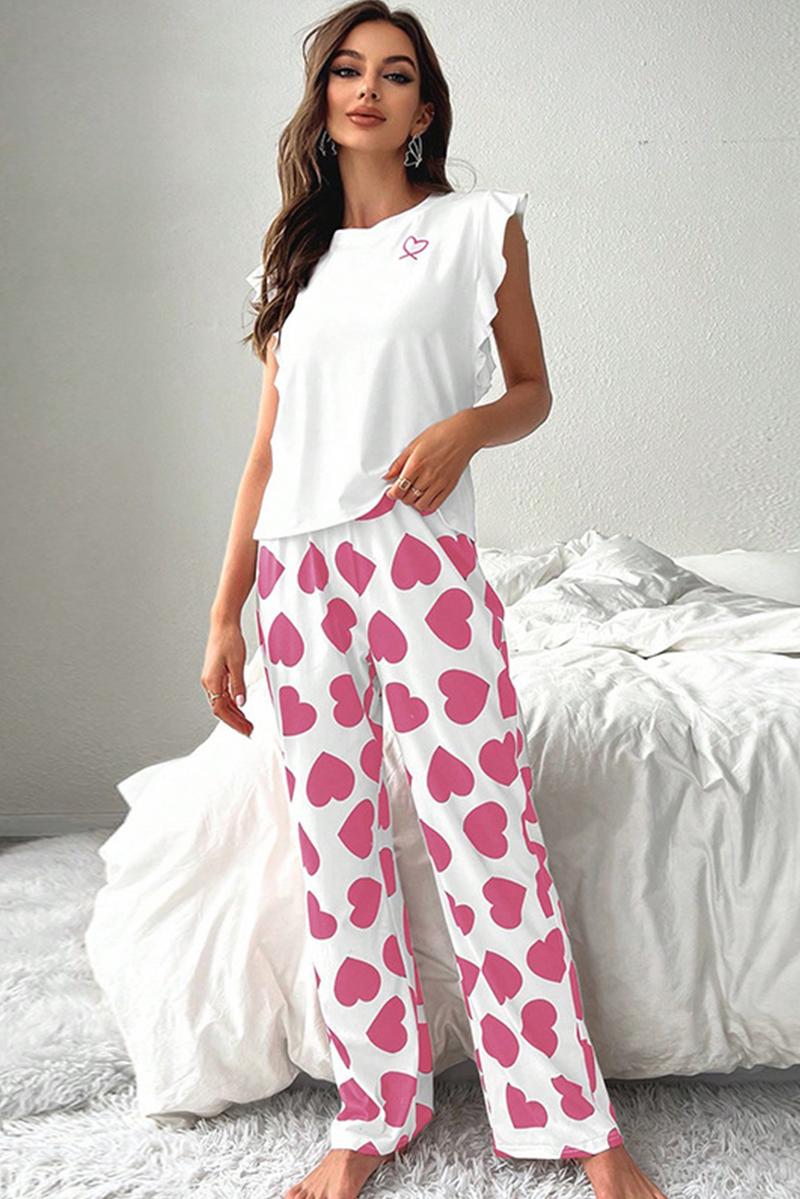 Black Heart Print Ruffle Sleeveless Top and Pants Valentine's Pajama Set