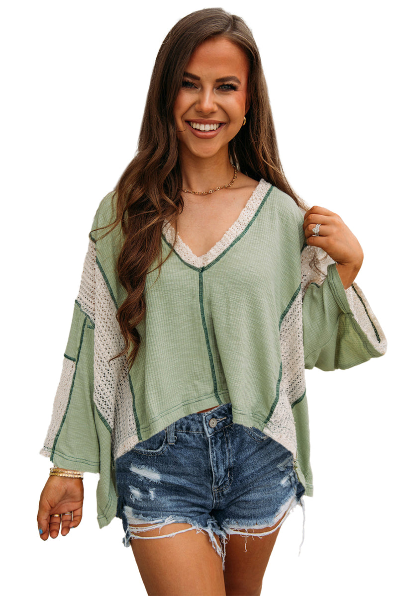 Grass Green Crochet Patchwork Exposed Seam High Low Loose Top