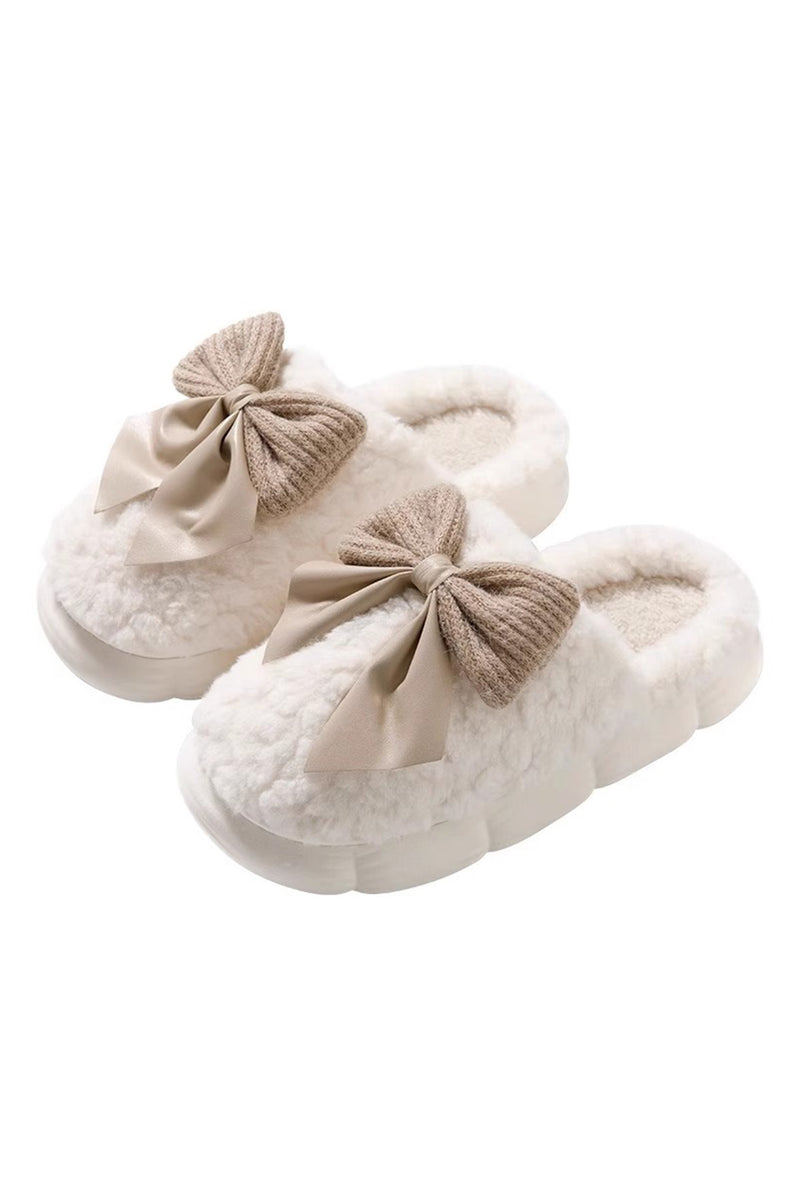 White Contrast Bowknot Applique Plush Winter Slippers