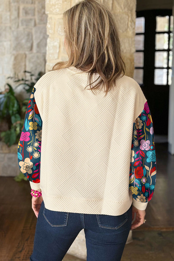 White Vintage Flower Patchwork Sleeve Textured Top