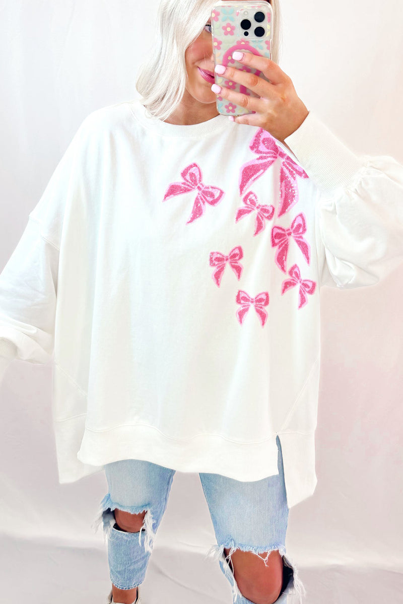 White Sequin Bowknot High Low Oversize Sweatshirt