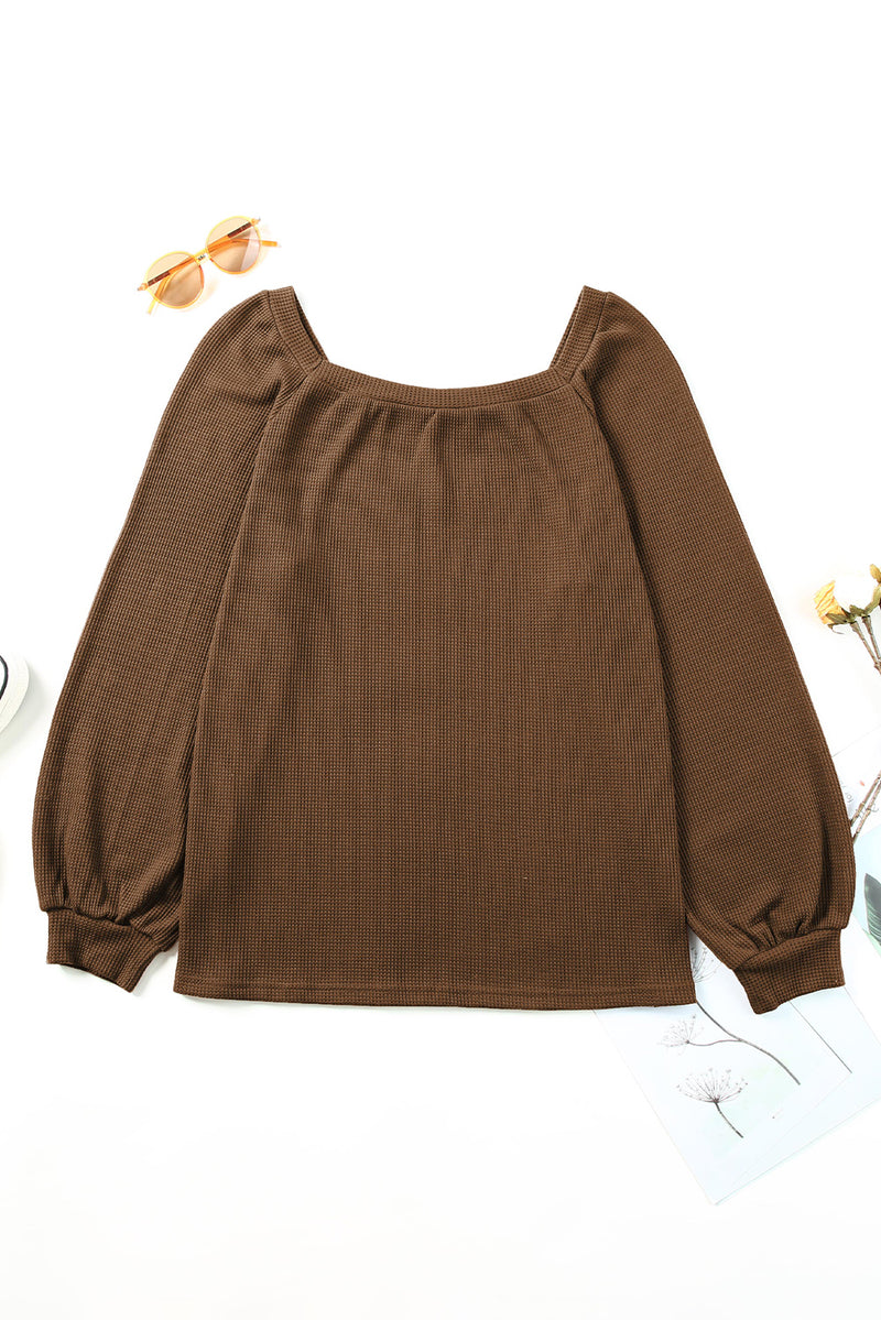 Brown Waffle Texture Casual Square Neck Pullover Top