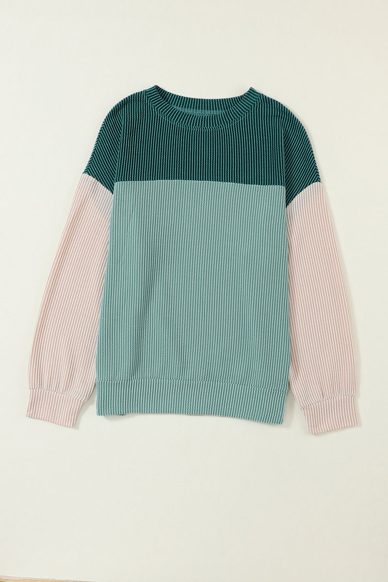 Black Color Block Corduroy Long Sleeve Top