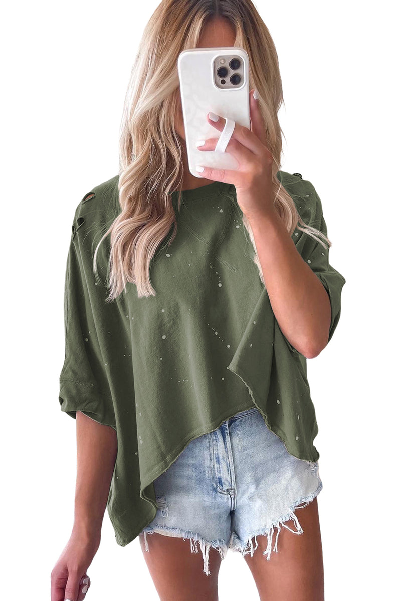 Green Half Sleeve Distressed Asymmetrical Top