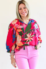 Rose Bohemian Floral Print Frill Neck Puff Sleeve Blouse