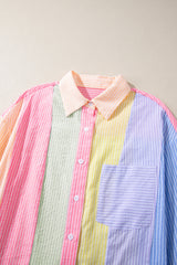 Pink Stripe Color Block Buttoned Oversized Shirt