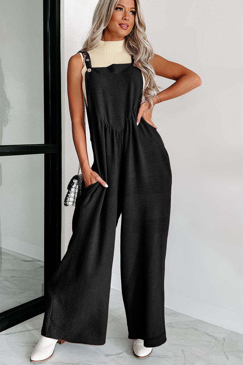 Gold Flame Buttoned Straps Ruched Wide Leg Jumpsuit