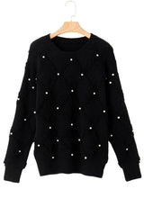 Black Pearl Embellished Rhombus Pattern Sweater