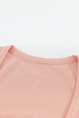 Pink Ribbed Scoop Neck Casual Long Sleeve Henley Shirt for Women