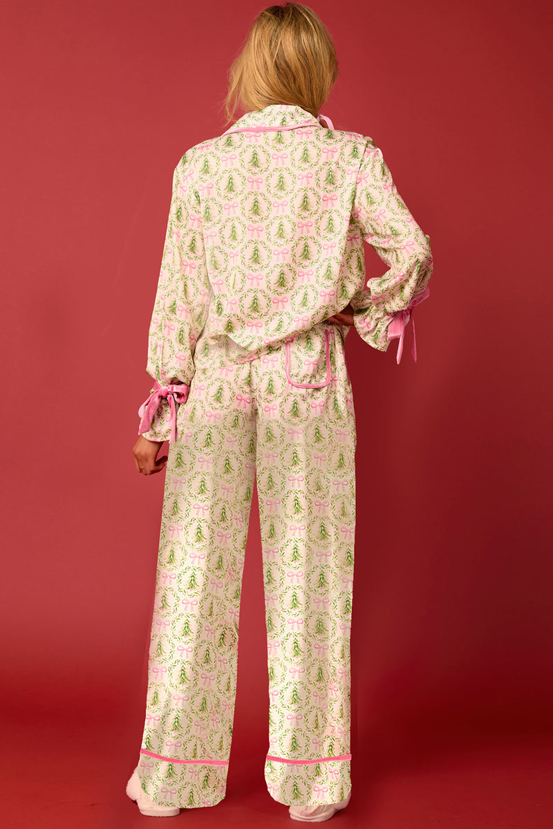 Beige Christmas Tree and Bow Print Lapel Collar pajamas Sets