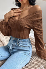 Chestnut Textured Knit V Neck Lantern Sleeve Top