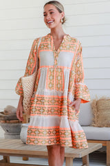 Orange Boho Geometric V-Neck Frill Tiered Mini Dress