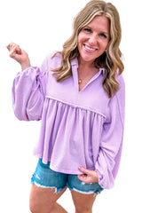 Phalaenopsis Corded Turn-down Collar Bubble Sleeve Babydoll Top