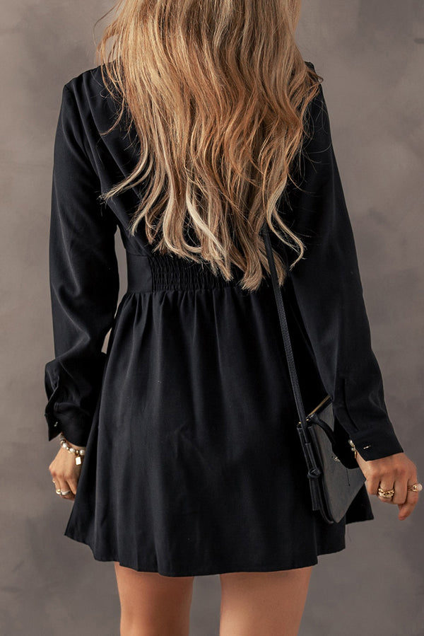 Black Buttoned High Waist Long Sleeve Mini Dress