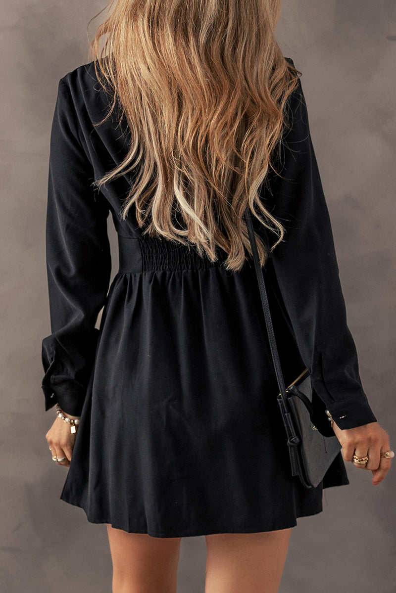 Black Buttoned High Waist Long Sleeve Mini Dress