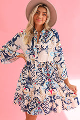 White Ethnic Print Boho Button Tiered Mini Dress