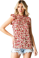 Red Boho Floral Print Ruffled Mock Neck Sleeveless Shirt