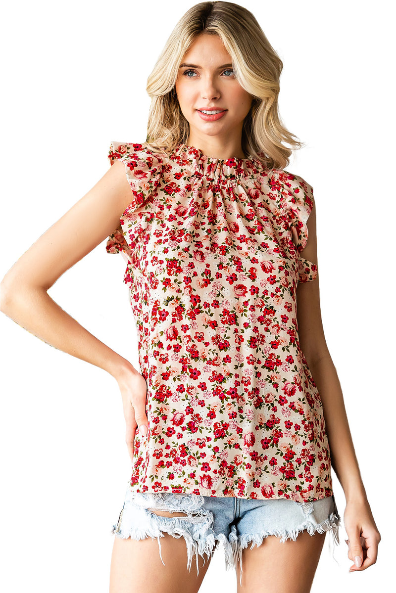 Red Boho Floral Print Ruffled Mock Neck Sleeveless Shirt