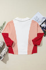 White Striped Color Block Collared V Neck Oversized Sweatshirt