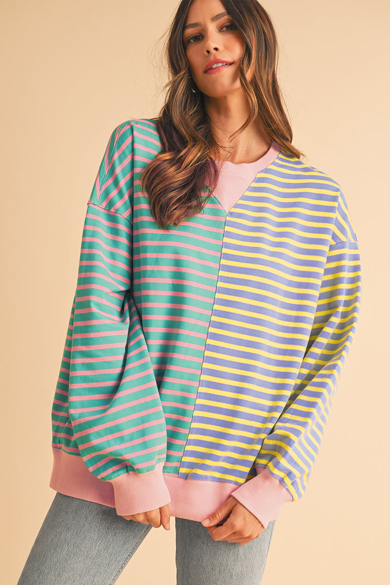 Green Stripe Colorblock Drop Shoulder Oversized Sweatshirt