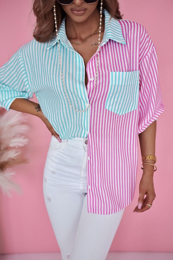 Green Striped Print Pocket Button Up Shirt