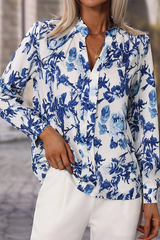 Sky Blue Floral Print Notched V Neck Blouse