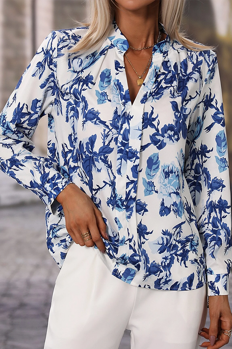 Sky Blue Floral Print Notched V Neck Blouse