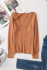 Green U Neck Textured Long Sleeve Top