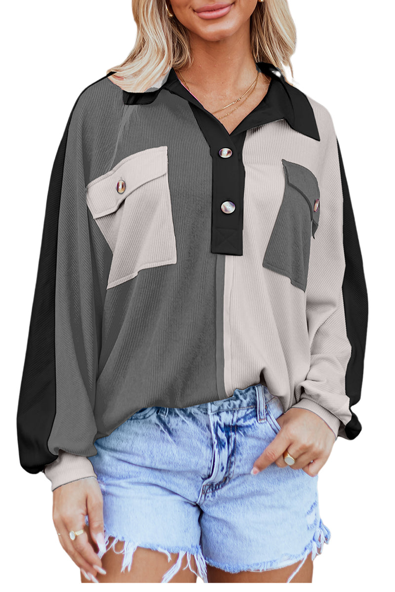 Gray Colorblock Patchwork Ribbed Oversized Henley Sweatshirt