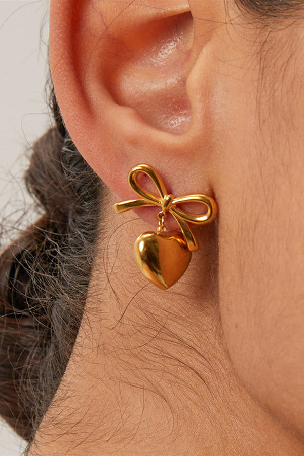 Gold Plated Valentines Heart and Bow Studded Earrings