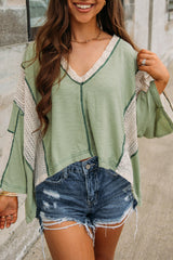 Grass Green Crochet Patchwork Exposed Seam High Low Loose Top