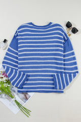 Green Stripe Casual Stripe Round Neck Drop Shoulder Sweater