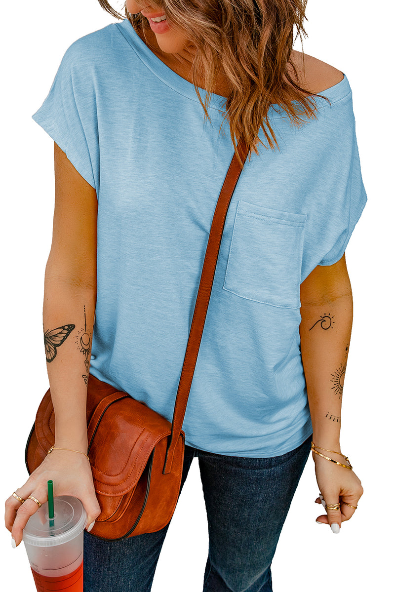 Light Blue Solid Color Short Sleeve Basic T Shirt with Patch Pocket