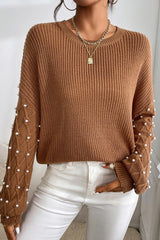 Chestnut Pearl Drop Shoulder Round Neck Sweater