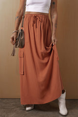 Chestnut Mineral Wash Cargo Pocket Drawstring Waist Maxi Skirt