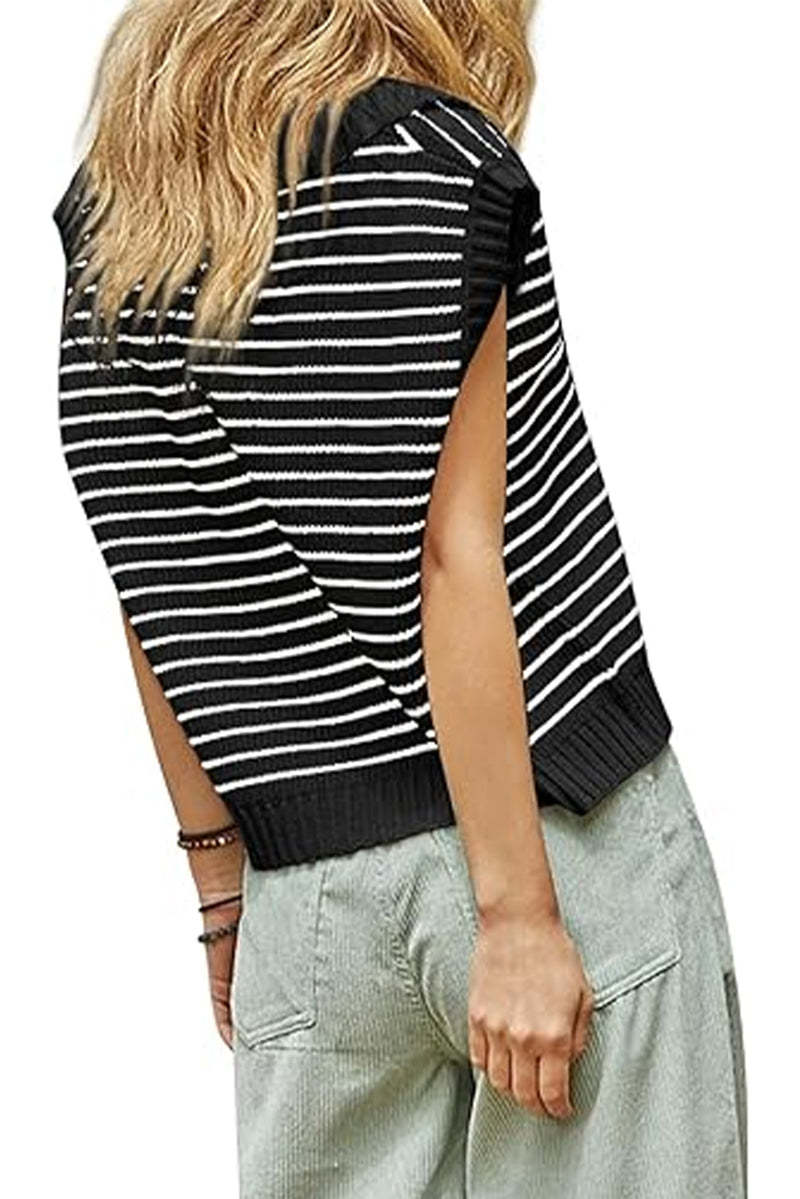 Black Stripe Turn-down Collar Sleeveless Knitted Top