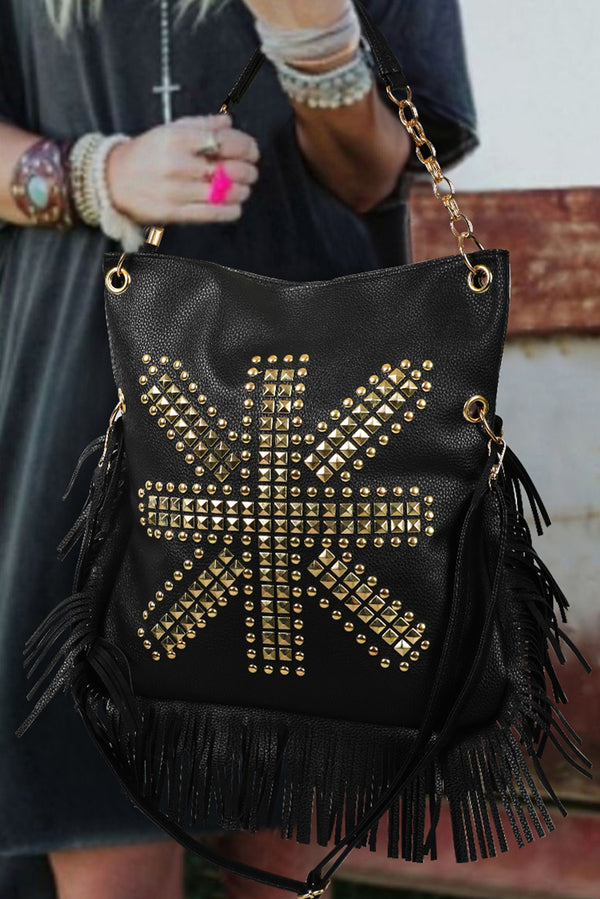 Black PU Leather Rivet Fringed Large One Shoulder Bag