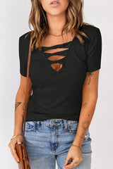 Black Cut Out Twist Casual Rib-Knit T Shirt for Women