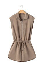 Dark Khaki Textured Short Sleeve Half Zip Drawstring Waist Romper