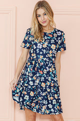 Blue Boho Floral A Line Smocked Waist Mini Dress