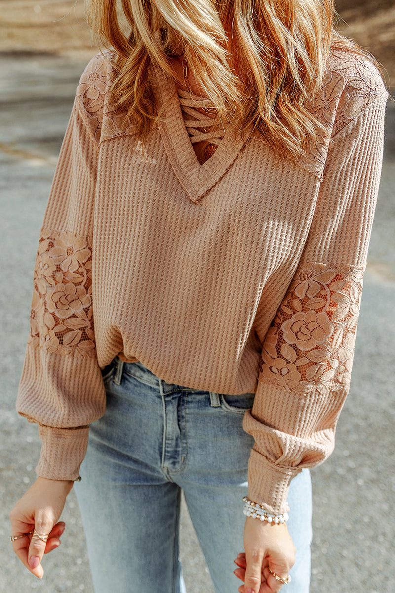 Apricot Lace and Waffle Knit Crisscross Straps V Neck Long Sleeve Top