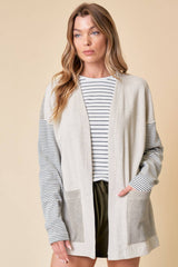 Black Striped Patchwork Pocket Open Front Cardigan